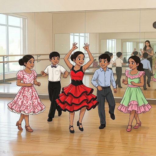 Young children in vibrant costumes performing group dance