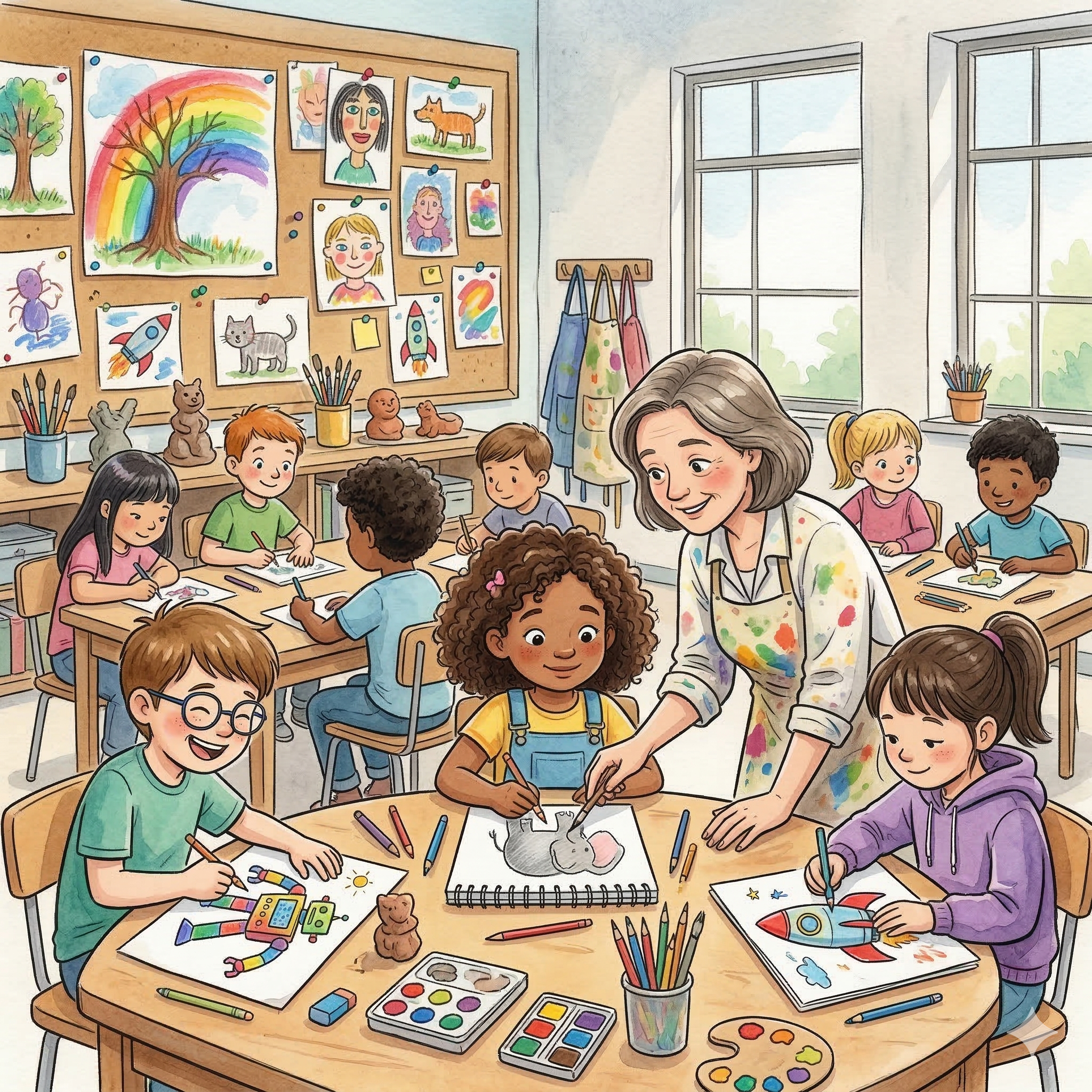 Children engaged in drawing with colorful artwork in background