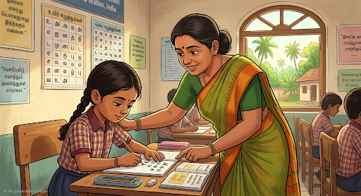 Child carefully practicing handwriting with teacher guidance