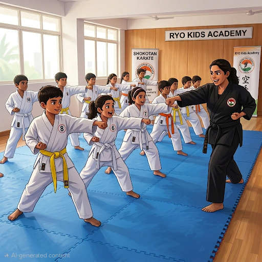 Kids in karate uniforms practicing martial arts moves