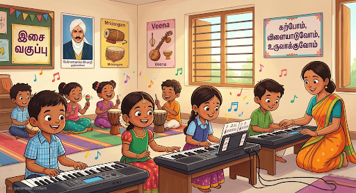 Kids playing keyboard instruments in a bright music room