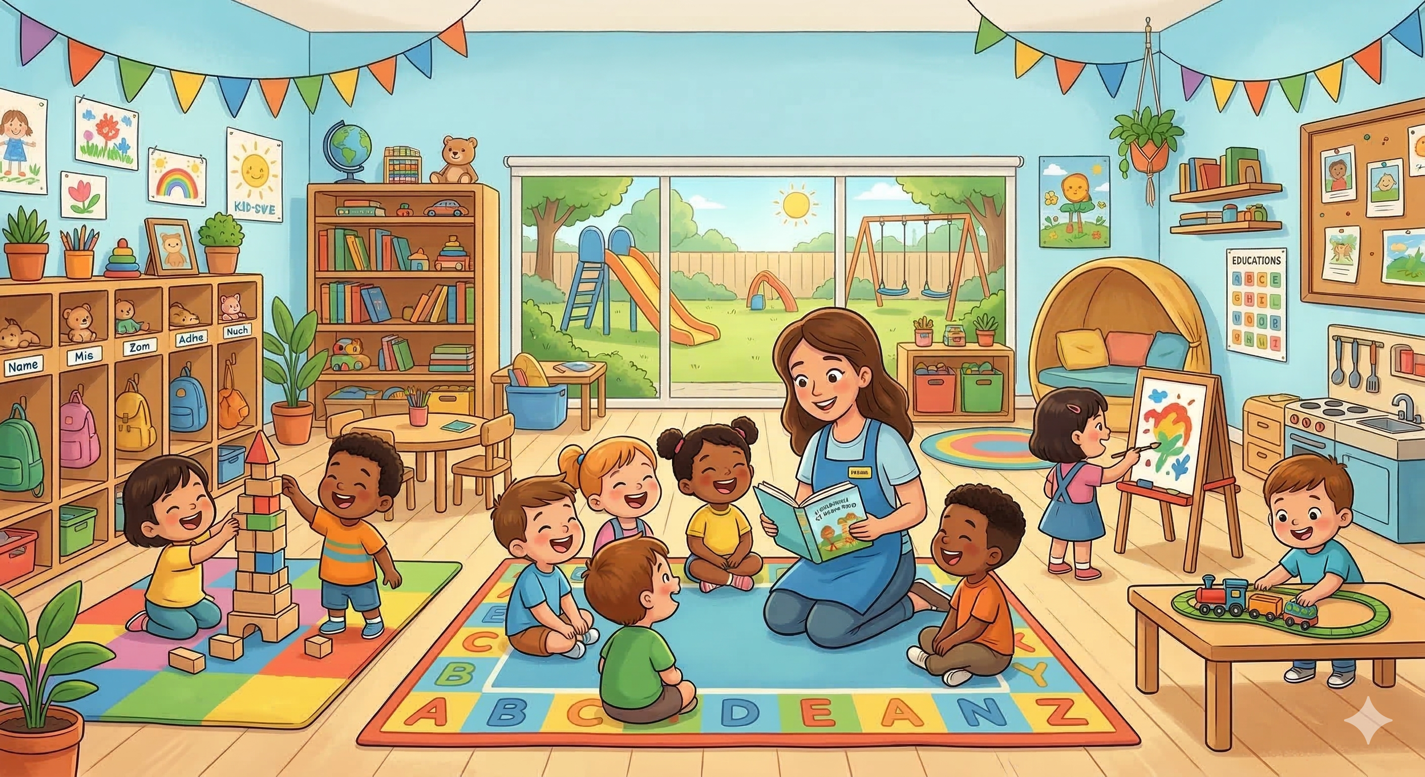 Smiling toddlers playing with colorful blocks in a safe, sunlit classroom