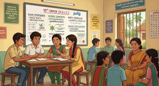 Teens collaborating over textbooks with supportive tutor