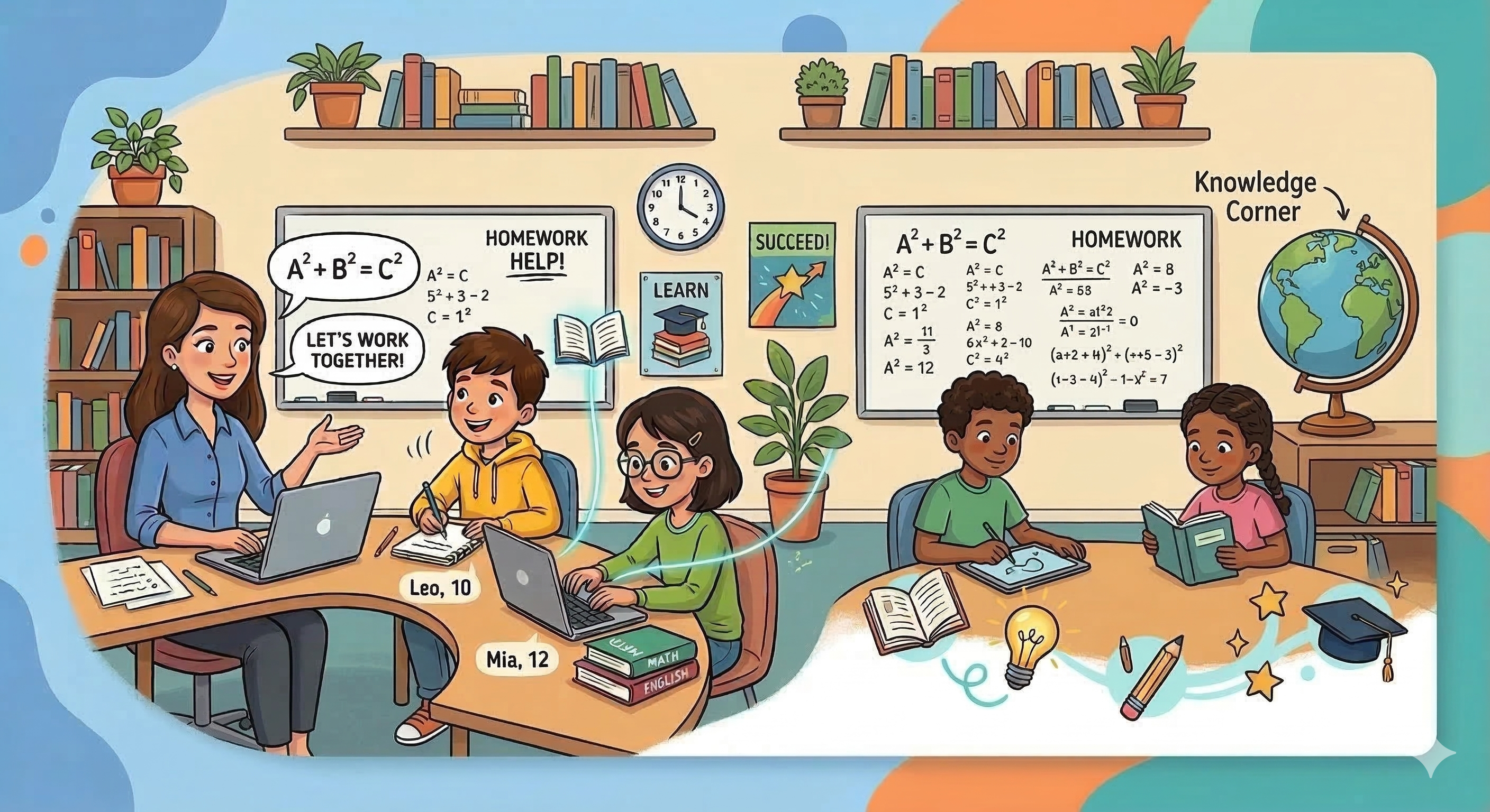 Students receiving guidance from an attentive tutor