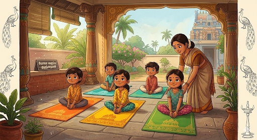 Children in yoga poses on colorful mats with gentle guidance
